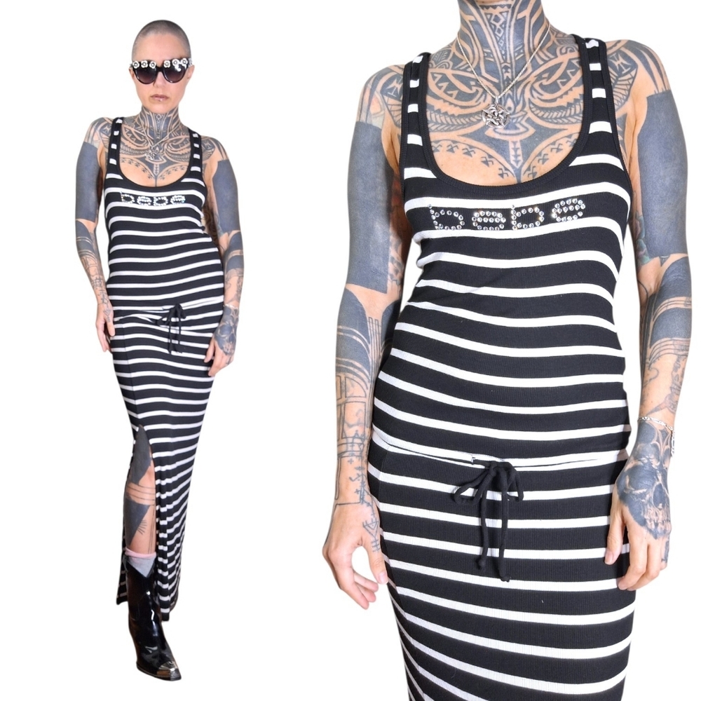 Bebe Rhinestone Logo Ribbed Stretchy Bodycon Dress Black White Striped Sz Small
